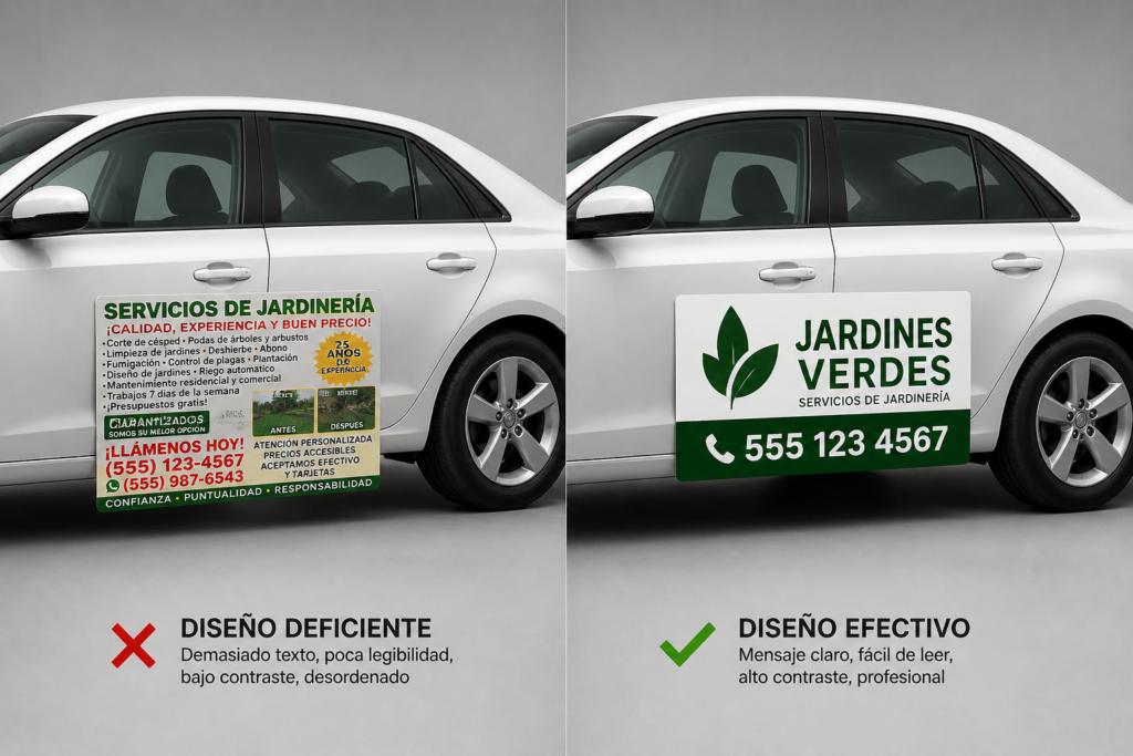 comparacion diseño publicidad vehicular buen diseño vs mal diseño imantados para autos
