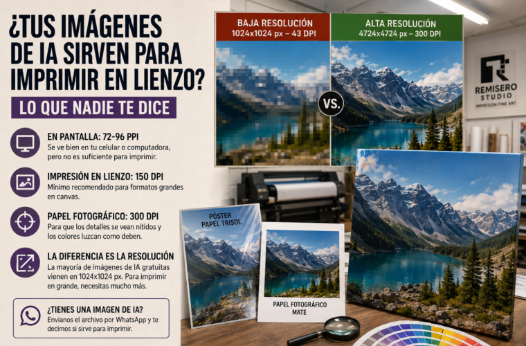 Comparación visual entre una imagen de IA en baja resolución y otra en alta resolución para impresión en lienzo canvas, póster trisol y papel fotográfico en una imprenta profesional.