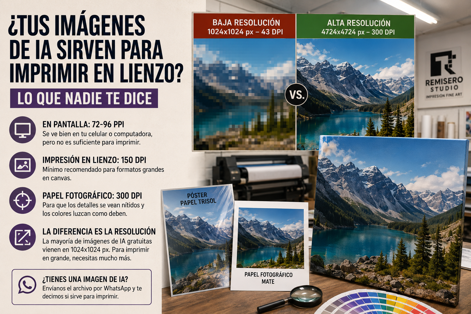 Comparación visual entre una imagen de IA en baja resolución y otra en alta resolución para impresión en lienzo canvas, póster trisol y papel fotográfico en una imprenta profesional.